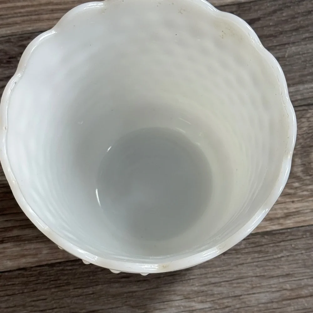 Fire-King Planter White Milk Glass Hobnail Basketweave Scalloped Rim Vintage